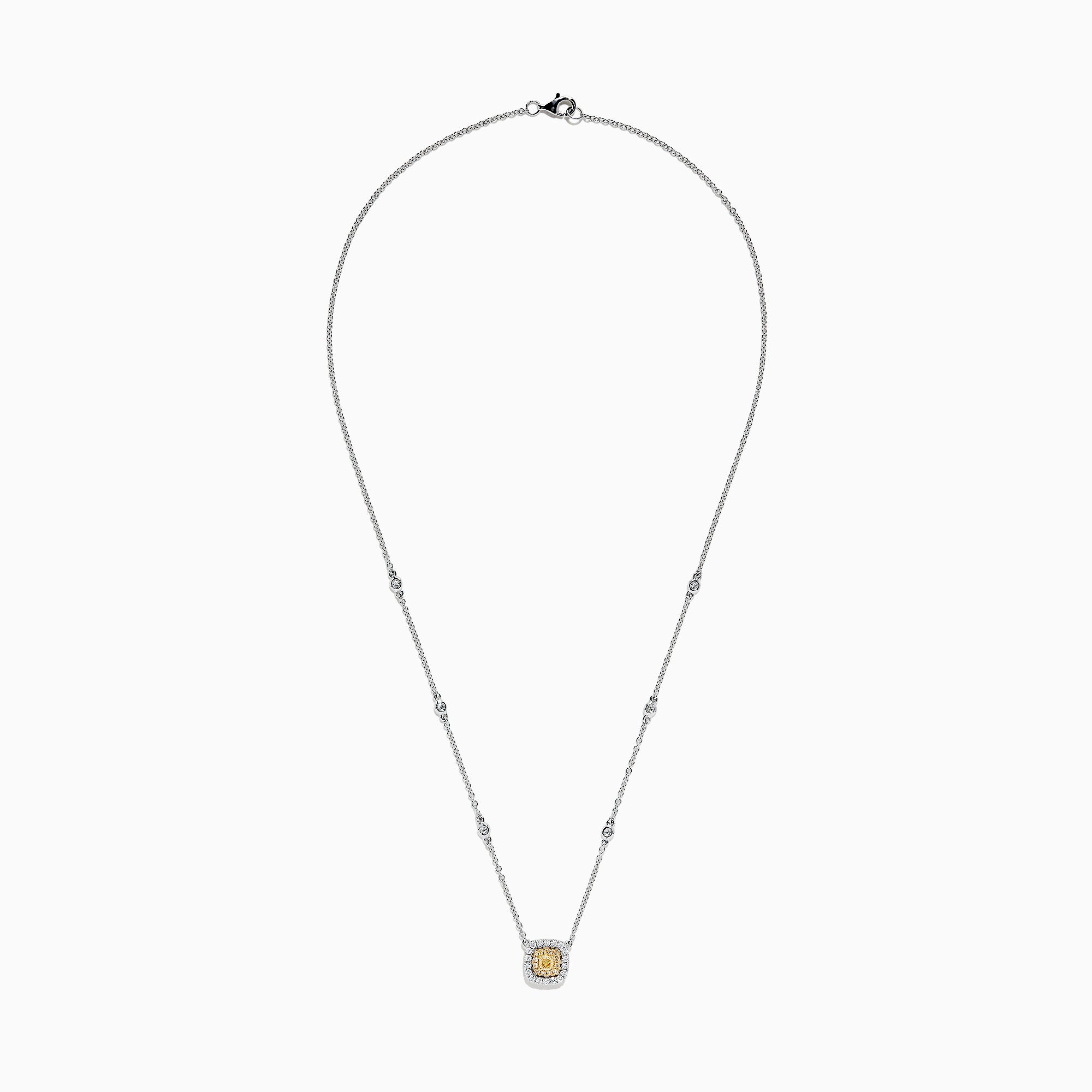 The Canare 18K 2-Tone Gold Yellow & White Diamond Necklace (0.68 TCW) features a square yellow and white diamond pendant surrounded by small stones, set on a silver chain with spaced round white stones.