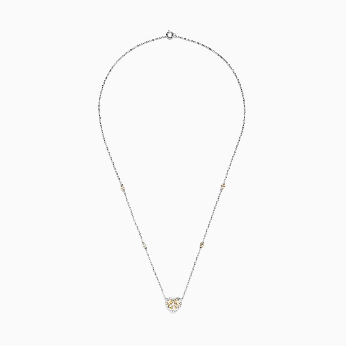The Canare 14K Two Tone Gold Yellow Diamond Heart Necklace (0.71 TCW) features a heart-shaped pendant with yellow and white gemstones and two small round accents on the chain—adding elegance with a touch of Yellow Diamond sparkle.