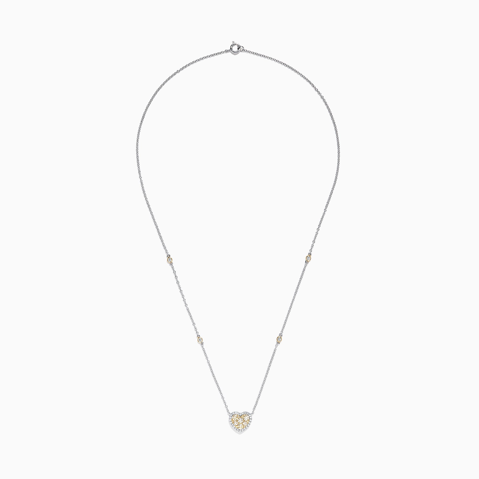 The Canare 14K Two Tone Gold Yellow Diamond Heart Necklace (0.71 TCW) features a heart-shaped pendant with yellow and white gemstones and two small round accents on the chain—adding elegance with a touch of Yellow Diamond sparkle.