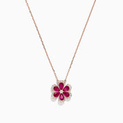 The Nature 14K Rose Gold Ruby and Diamond Flower Necklace (1.91 TCW) features a flower pendant with six ruby petals, each outlined by sparkling diamonds.