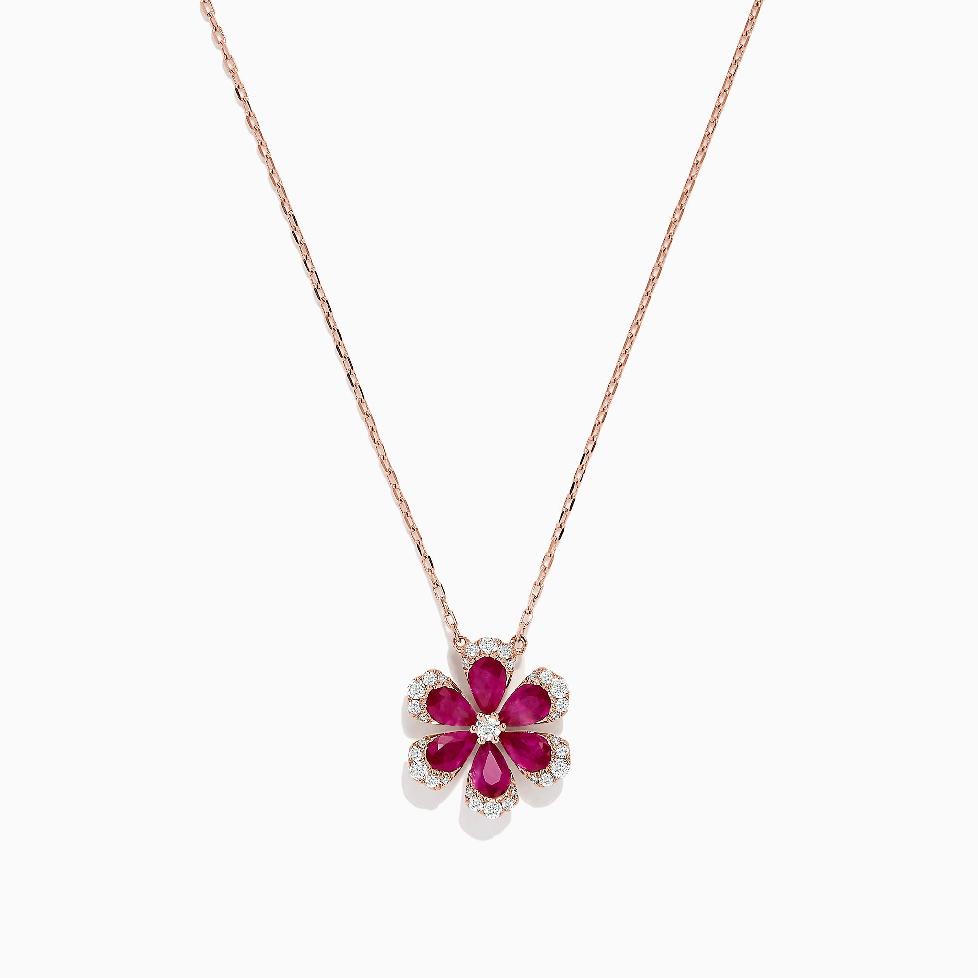 The Nature 14K Rose Gold Ruby and Diamond Flower Necklace (1.91 TCW) features a flower pendant with six ruby petals, each outlined by sparkling diamonds.