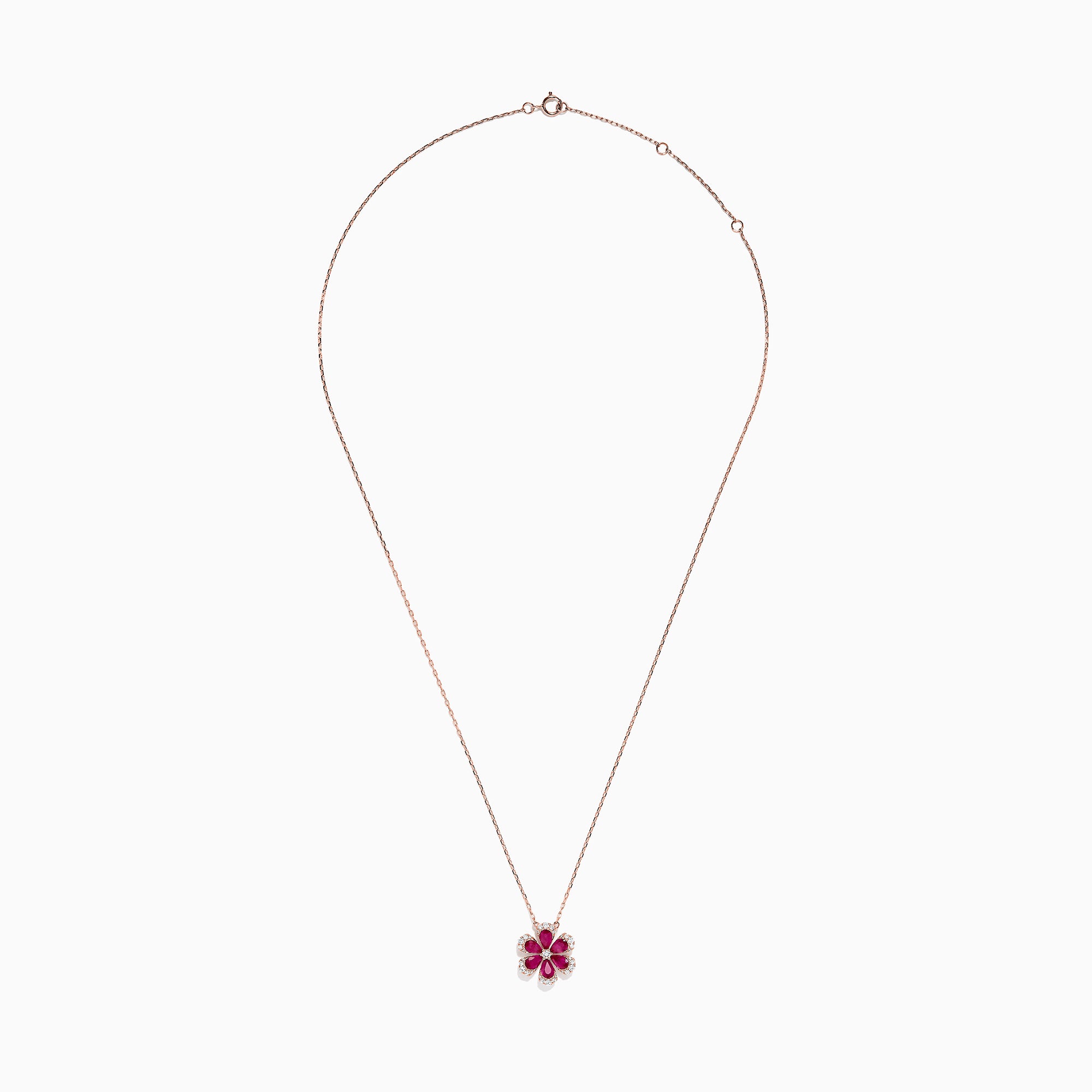 The Nature 14K Rose Gold Ruby and Diamond Flower Necklace (1.91 TCW) features a flower pendant with six ruby petals, each outlined by sparkling diamonds.