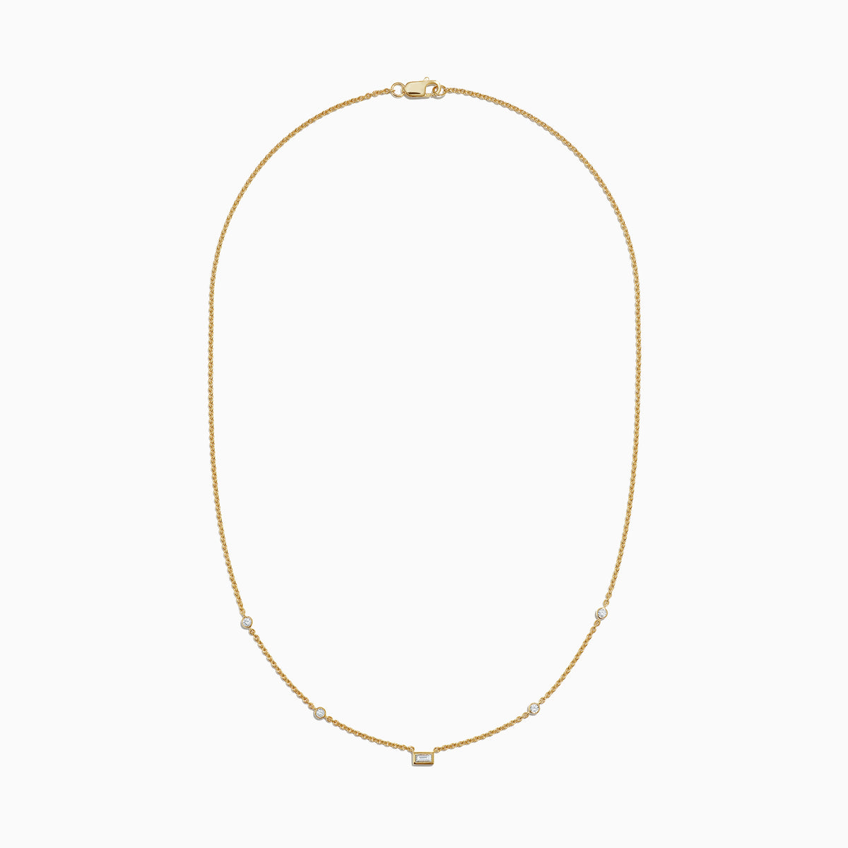 The DOro 14K Yellow Gold Diamond Station Necklace (0.23 TCW) features four small round diamonds and a central square bezel-set diamond, shown on a plain white background.