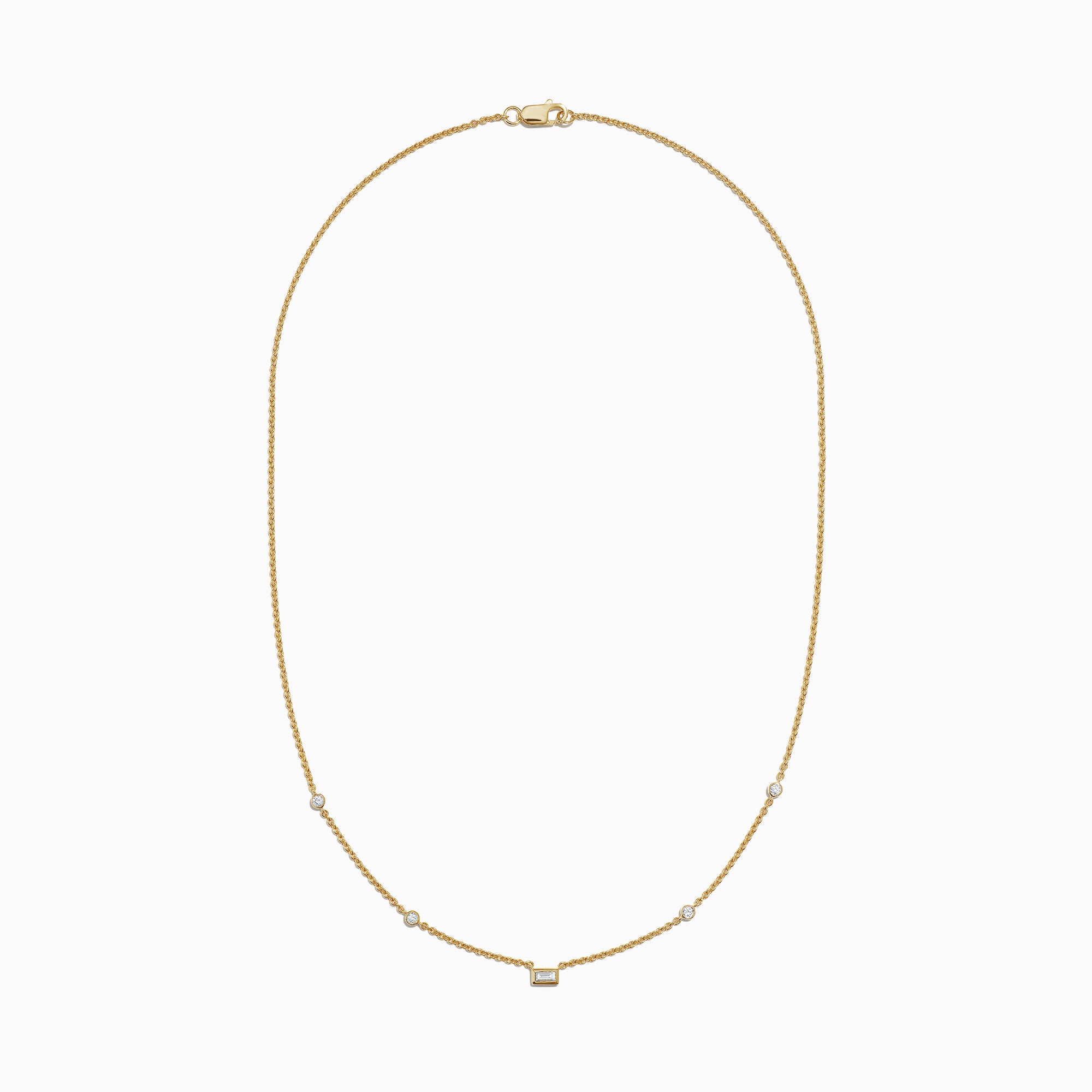 The DOro 14K Yellow Gold Diamond Station Necklace (0.23 TCW) features four small round diamonds and a central square bezel-set diamond, shown on a plain white background.