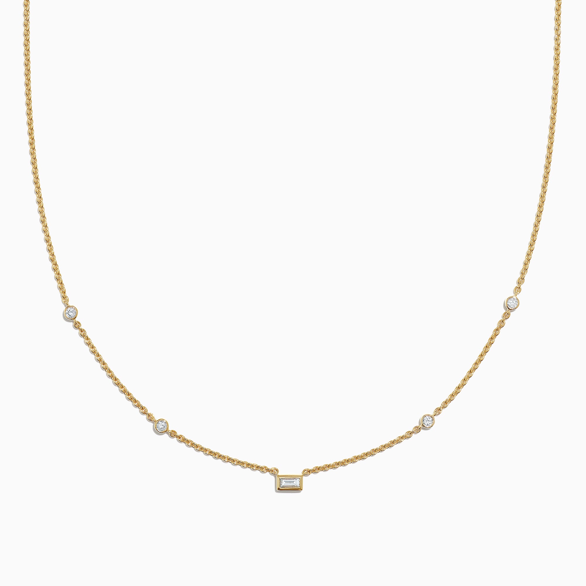 The DOro 14K Yellow Gold Diamond Station Necklace (0.23 TCW) features four small round diamonds and a central square bezel-set diamond, shown on a plain white background.