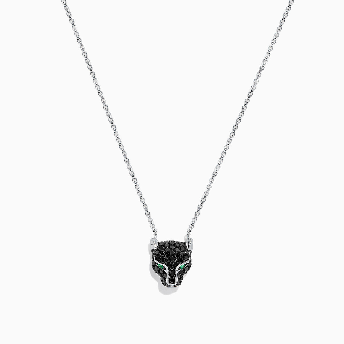 The Signature 14K White Gold Black Diamond & Emerald Necklace (0.61 TCW) features a panther head pendant with black diamonds and vivid emerald eyes, displayed on a simple white background.