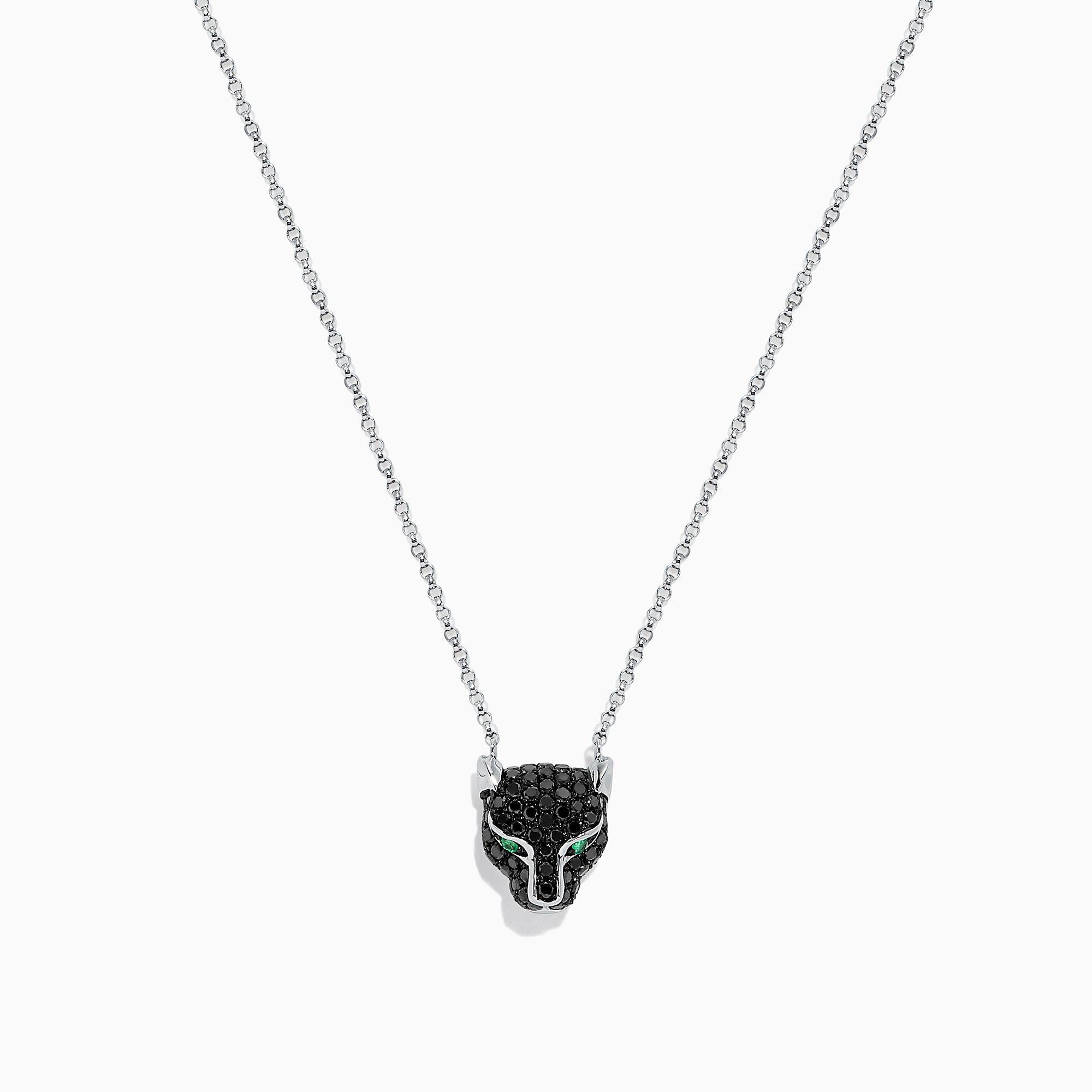 The Signature 14K White Gold Black Diamond & Emerald Necklace (0.61 TCW) features a panther head pendant with black diamonds and vivid emerald eyes, displayed on a simple white background.