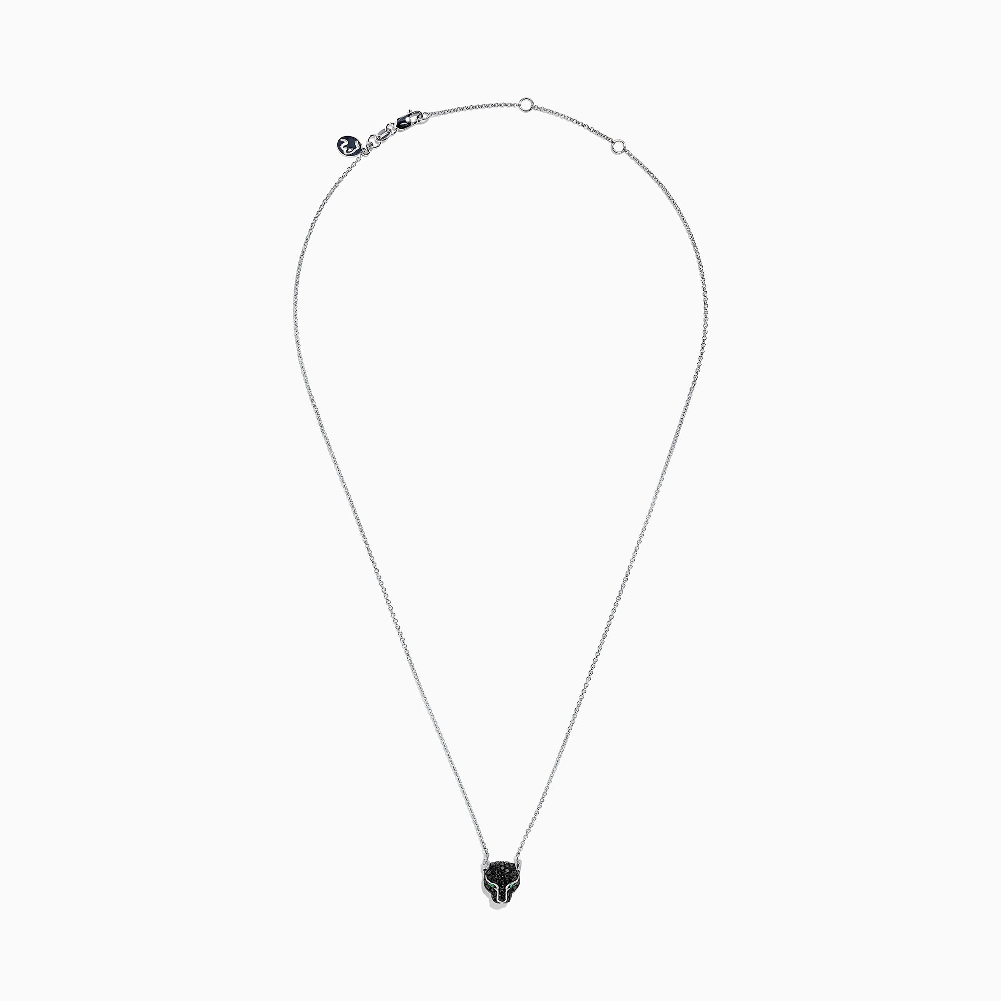 The Signature 14K White Gold Black Diamond & Emerald Necklace (0.61 TCW) features a panther head pendant with black diamonds and vivid emerald eyes, displayed on a simple white background.