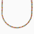 The Watercolors 14K Yellow Gold Multi Sapphire and Diamond Necklace features a symmetrical pattern of blue, pink, orange, green, and yellow square-cut sapphires set in yellow gold.