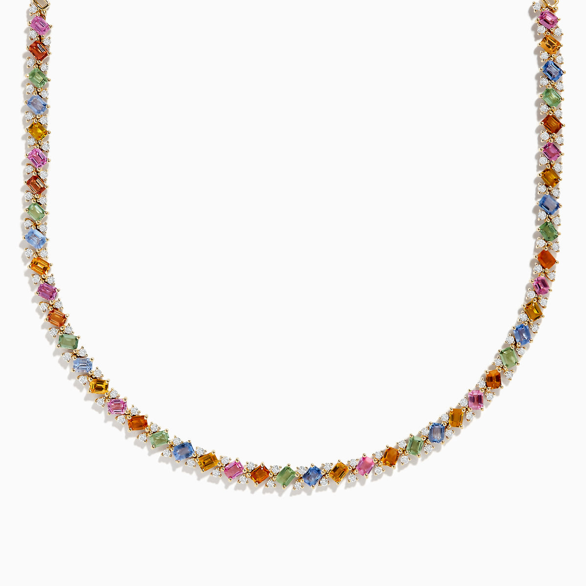 The Watercolors 14K Yellow Gold Multi Sapphire and Diamond Necklace features a symmetrical pattern of blue, pink, orange, green, and yellow square-cut sapphires set in yellow gold.