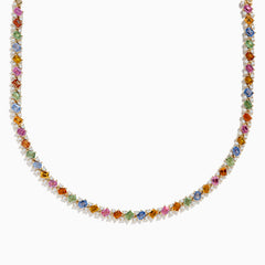 The Watercolors 14K Yellow Gold Multi Sapphire and Diamond Necklace features a symmetrical pattern of blue, pink, orange, green, and yellow square-cut sapphires set in yellow gold.