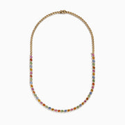 The Watercolors 14K Yellow Gold Multi Sapphire and Diamond Necklace features a symmetrical pattern of blue, pink, orange, green, and yellow square-cut sapphires set in yellow gold.