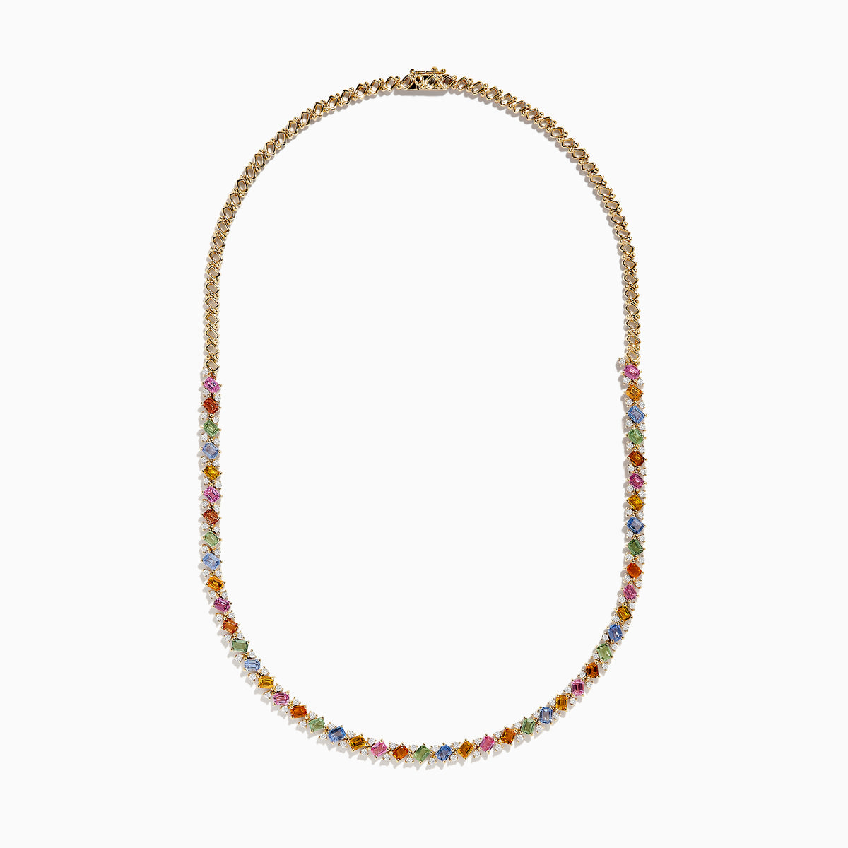 The Watercolors 14K Yellow Gold Multi Sapphire and Diamond Necklace features a symmetrical pattern of blue, pink, orange, green, and yellow square-cut sapphires set in yellow gold.
