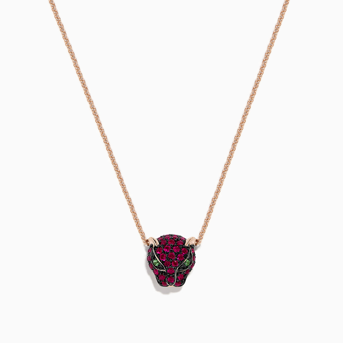The Signature 14K Rose Gold Ruby and Tsavorite Panther Necklace, 0.52 TCW, features a rose gold chain with a panther head pendant adorned with ruby and tsavorite gems. Shown against a white background.