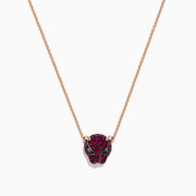 The Signature 14K Rose Gold Ruby and Tsavorite Panther Necklace, 0.52 TCW, features a rose gold chain with a panther head pendant adorned with ruby and tsavorite gems. Shown against a white background.