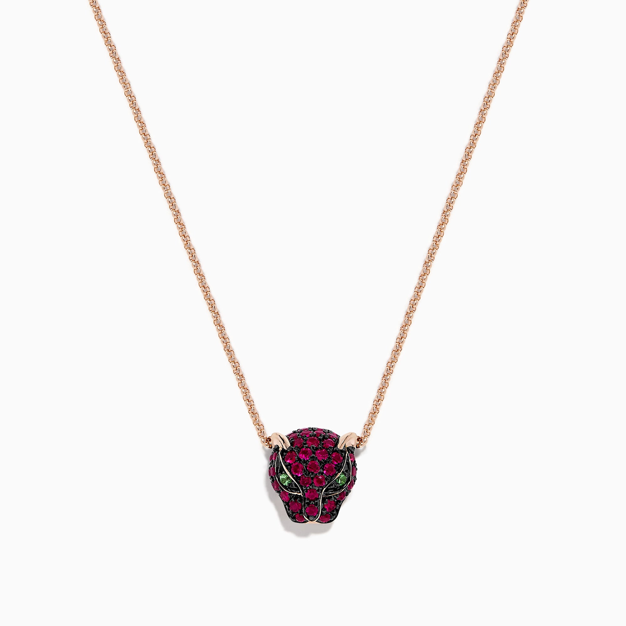 The Signature 14K Rose Gold Ruby and Tsavorite Panther Necklace, 0.52 TCW, features a rose gold chain with a panther head pendant adorned with ruby and tsavorite gems. Shown against a white background.