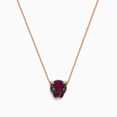 The Signature 14K Rose Gold Ruby and Tsavorite Panther Necklace, 0.52 TCW, features a rose gold chain with a panther head pendant adorned with ruby and tsavorite gems. Shown against a white background.