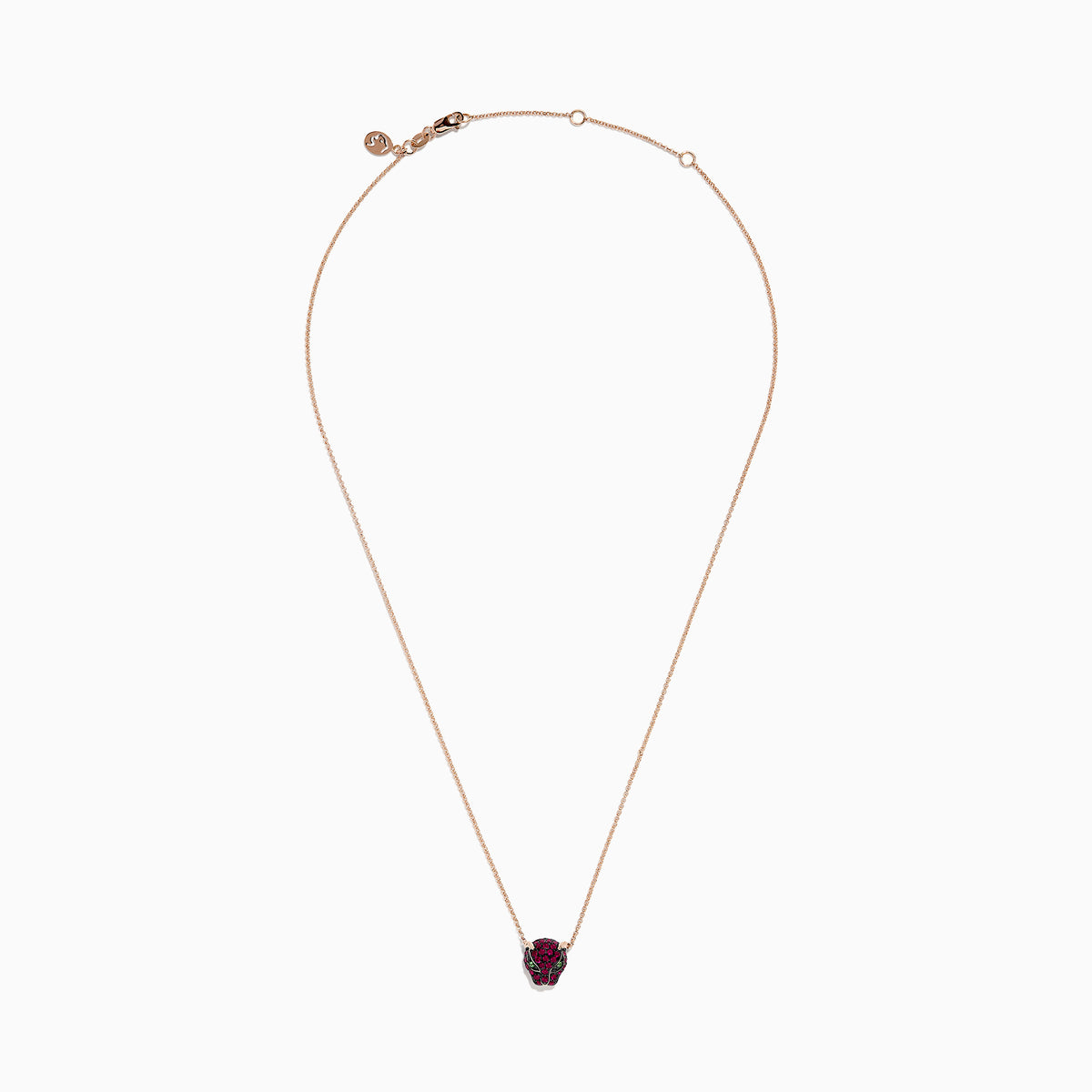 The Signature 14K Rose Gold Ruby and Tsavorite Panther Necklace, 0.52 TCW, features a rose gold chain with a panther head pendant adorned with ruby and tsavorite gems. Shown against a white background.