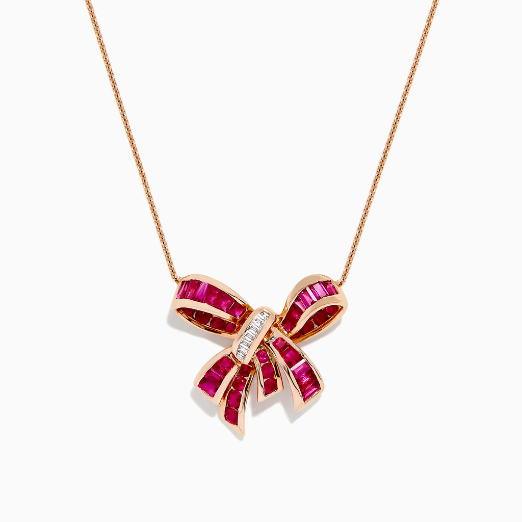 The Ruby Royale 14K Rose Gold Ruby and Diamond Bow Necklace (2.97 TCW) features a bow-shaped pendant adorned with vivid rubies and sparkling diamonds, suspended from a delicate rose gold chain against a white background.