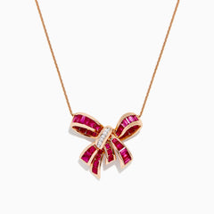 The Ruby Royale 14K Rose Gold Ruby and Diamond Bow Necklace (2.97 TCW) features a bow-shaped pendant adorned with vivid rubies and sparkling diamonds, suspended from a delicate rose gold chain against a white background.