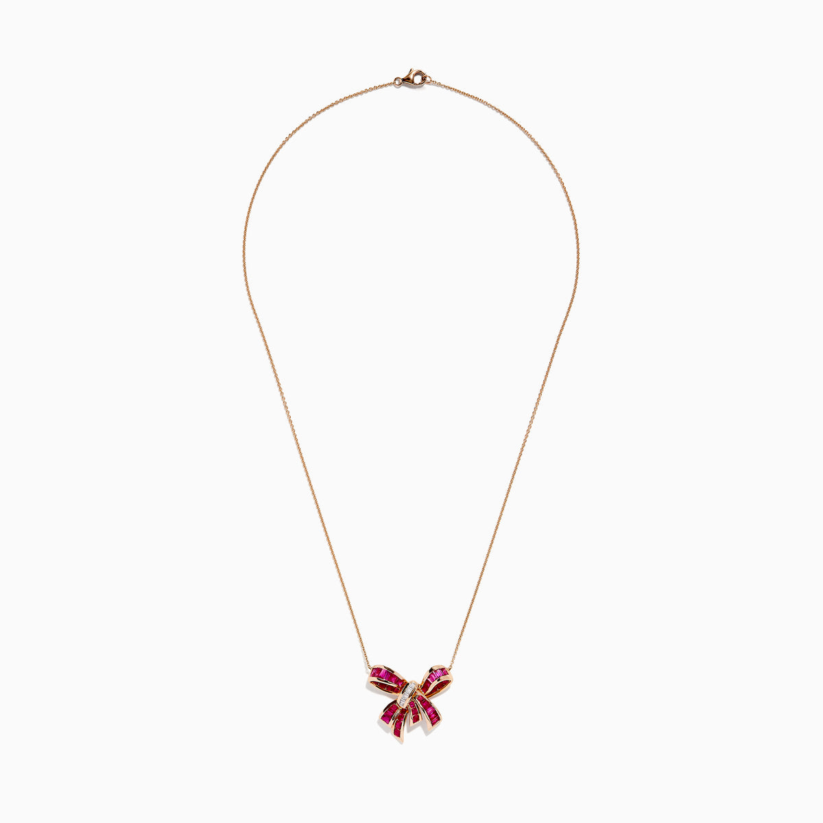 The Ruby Royale 14K Rose Gold Ruby and Diamond Bow Necklace (2.97 TCW) features a bow-shaped pendant adorned with vivid rubies and sparkling diamonds, suspended from a delicate rose gold chain against a white background.