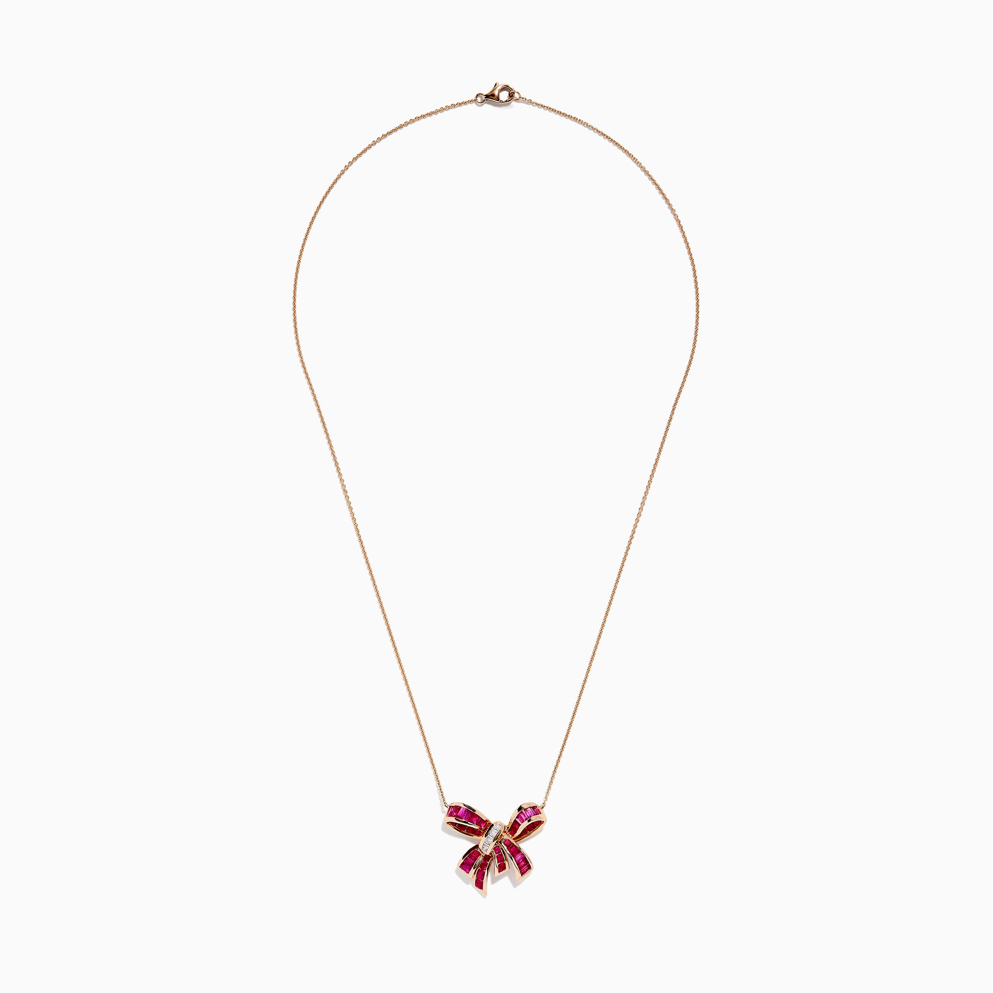 The Ruby Royale 14K Rose Gold Ruby and Diamond Bow Necklace (2.97 TCW) features a bow-shaped pendant adorned with vivid rubies and sparkling diamonds, suspended from a delicate rose gold chain against a white background.