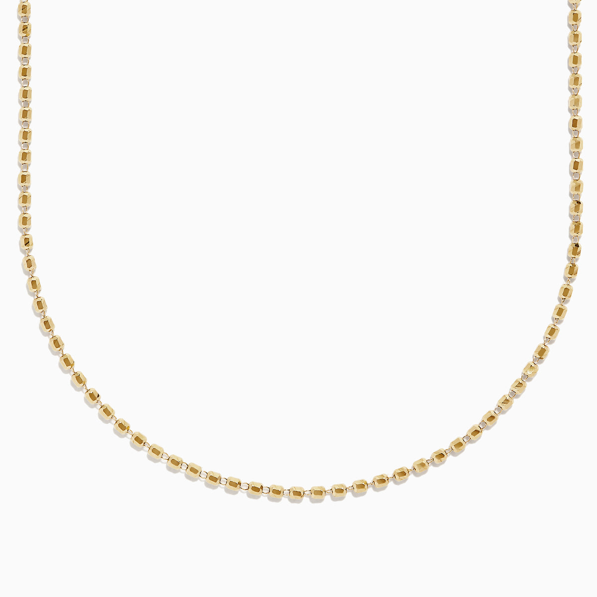 The 14K Yellow Gold Bead Necklace features evenly spaced, small spherical beads on a delicate chain, shown against a white background for a simple, elegant look.