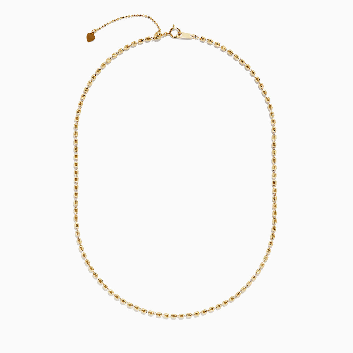 The 14K Yellow Gold Bead Necklace features evenly spaced, small spherical beads on a delicate chain, shown against a white background for a simple, elegant look.
