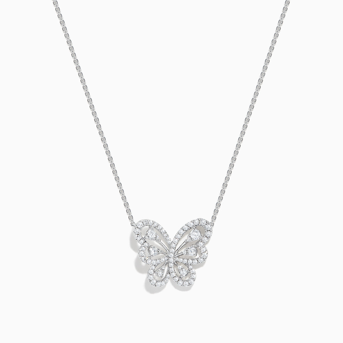 The 14K White Gold Diamond Butterfly Necklace features a butterfly-shaped pendant adorned with sparkling diamonds, elegantly suspended from a fine chain for a delicate, symmetrical look.