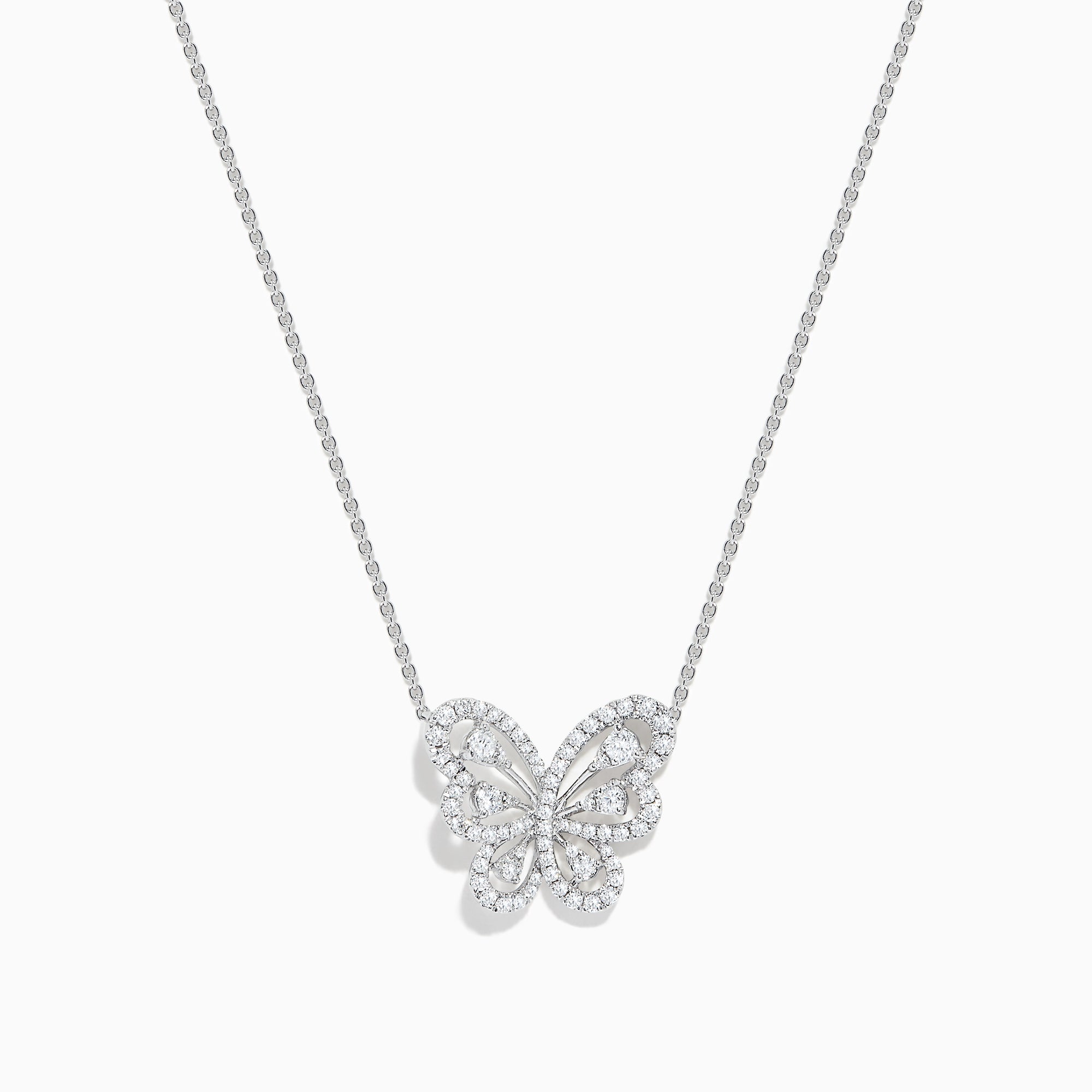 The 14K White Gold Diamond Butterfly Necklace features a butterfly-shaped pendant adorned with sparkling diamonds, elegantly suspended from a fine chain for a delicate, symmetrical look.