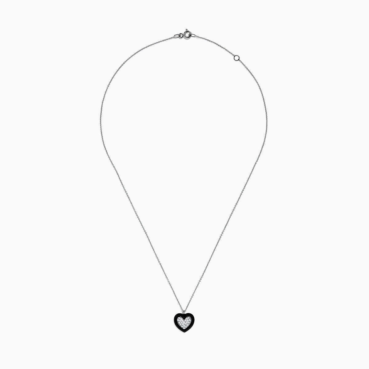 The Novelty 14K White Gold Black Enamel & Diamond Heart Pendant, 0.18 TCW, hangs from a delicate silver chain and features a heart outlined in black enamel with sparkling diamonds at the center.