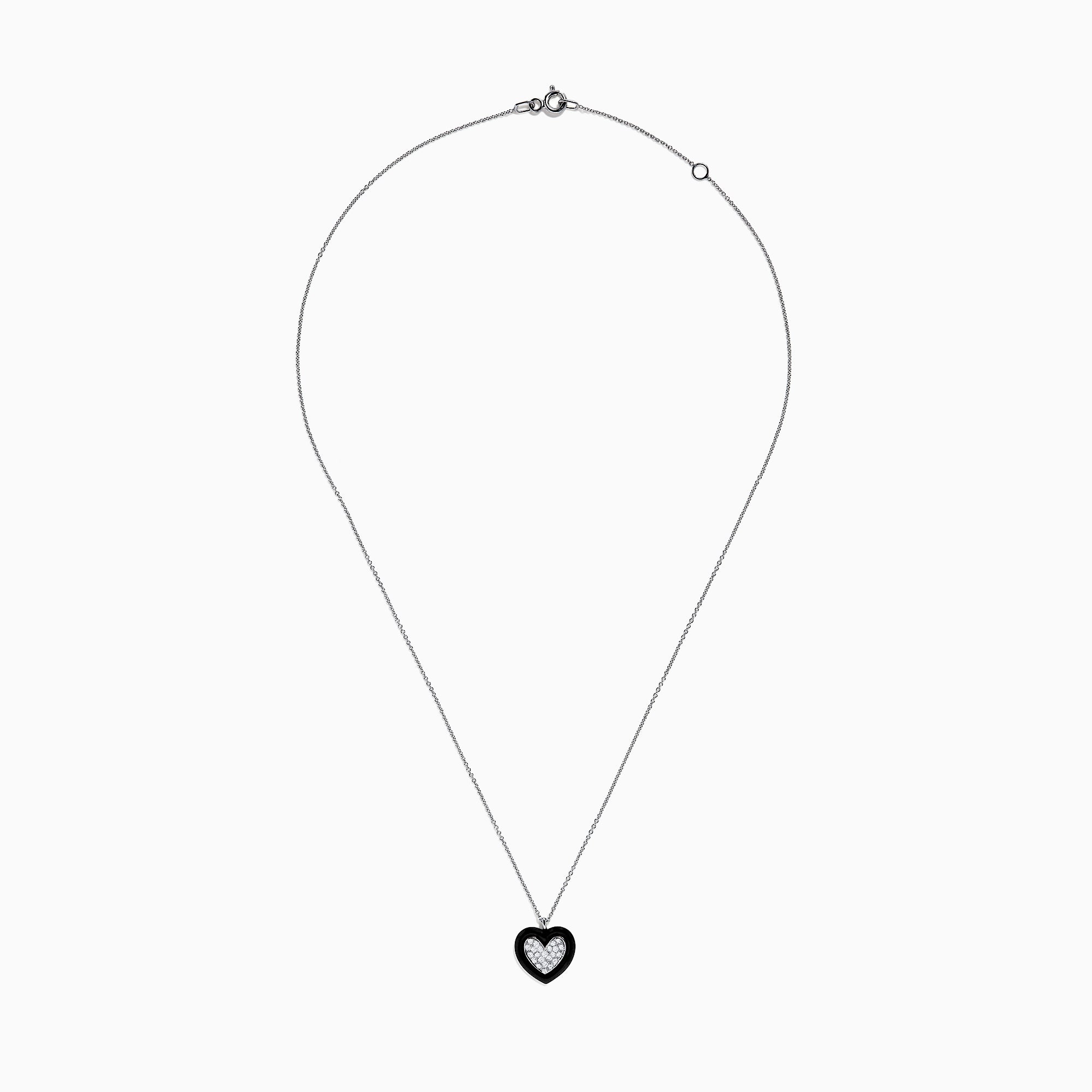 The Novelty 14K White Gold Black Enamel & Diamond Heart Pendant, 0.18 TCW, hangs from a delicate silver chain and features a heart outlined in black enamel with sparkling diamonds at the center.