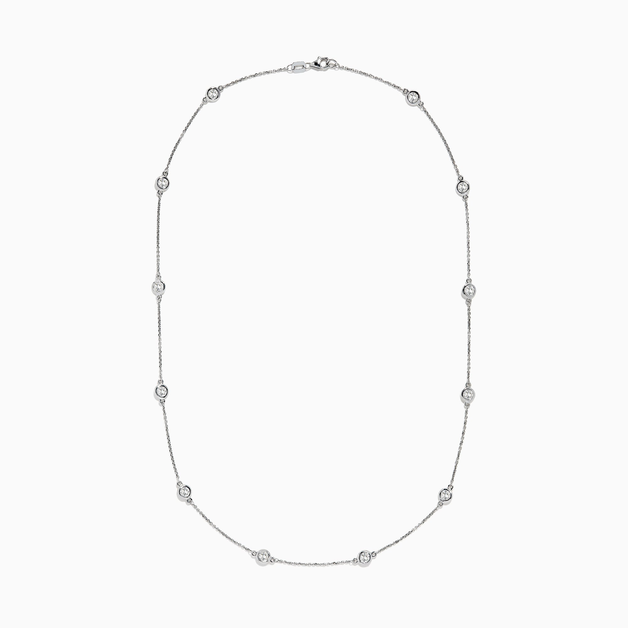 The Pave Classica 14K White Gold Diamond Station Necklace, 1.50 TCW, features small round bezel-set diamonds evenly spaced along a fine chain and is displayed against a white background.
