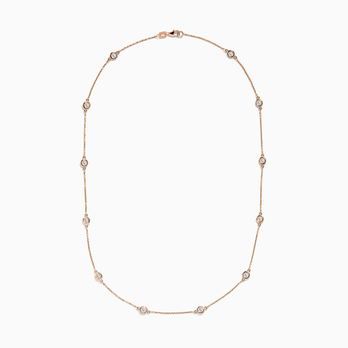 The Pave Rose 14K Rose Gold Diamond Station Necklace 1.50 TCW features evenly spaced round bezel-set diamonds on a rose gold chain, offering timeless elegance and sparkle to any outfit.