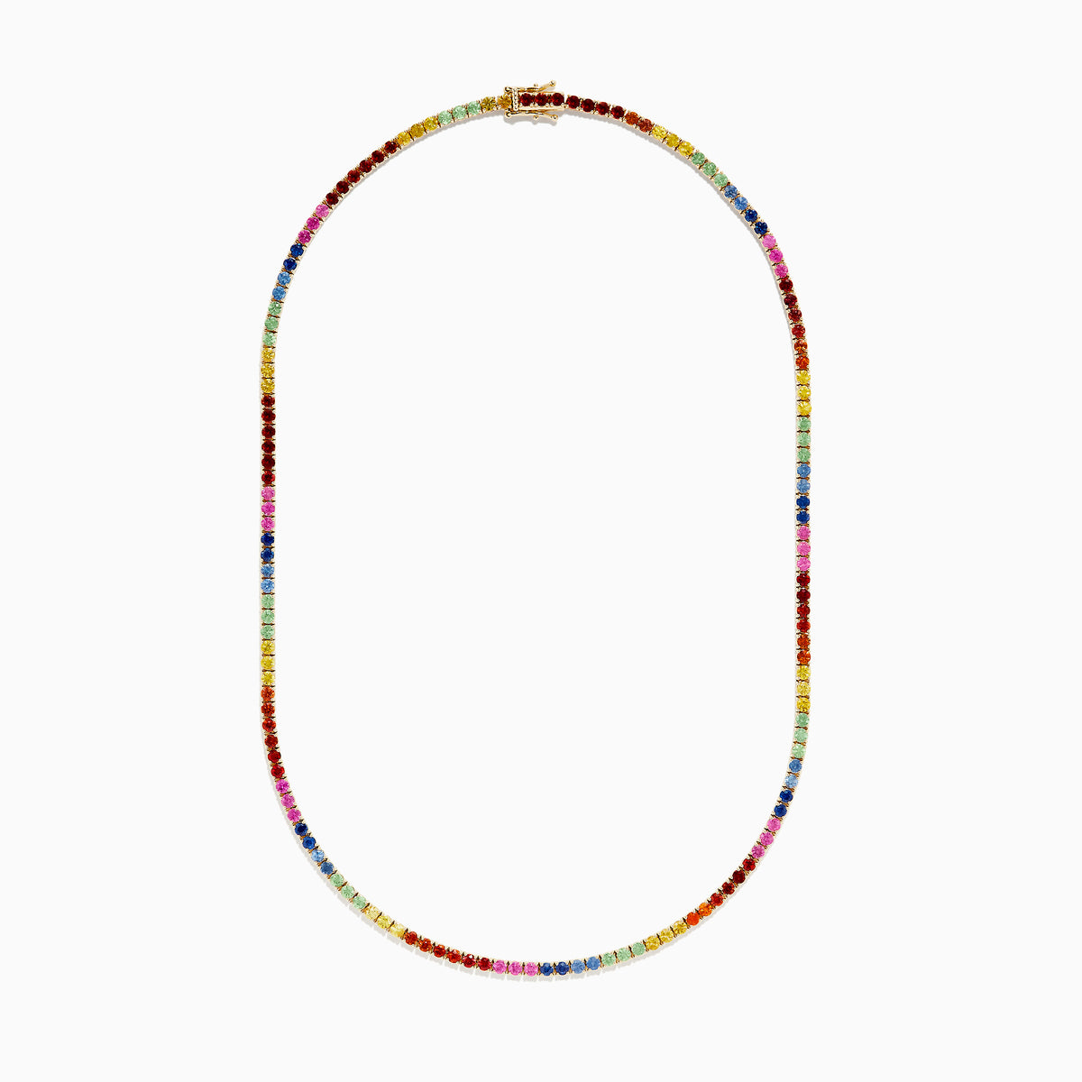The Watercolors 14K Yellow Gold Multi Sapphire Tennis Necklace features small, round sapphires in a rainbow pattern, elegantly set in yellow gold and arranged in a smooth curve.