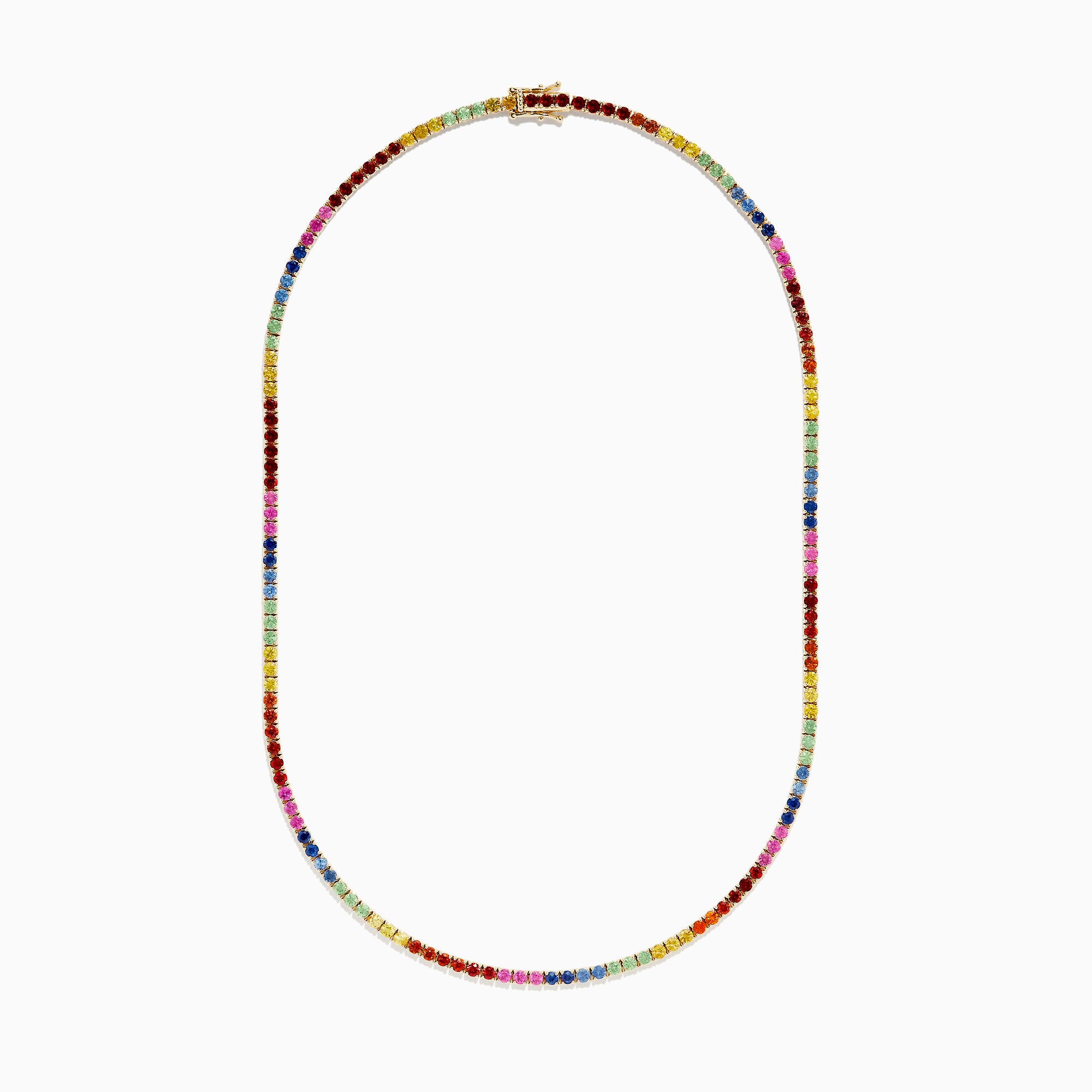 The Watercolors 14K Yellow Gold Multi Sapphire Tennis Necklace features small, round sapphires in a rainbow pattern, elegantly set in yellow gold and arranged in a smooth curve.