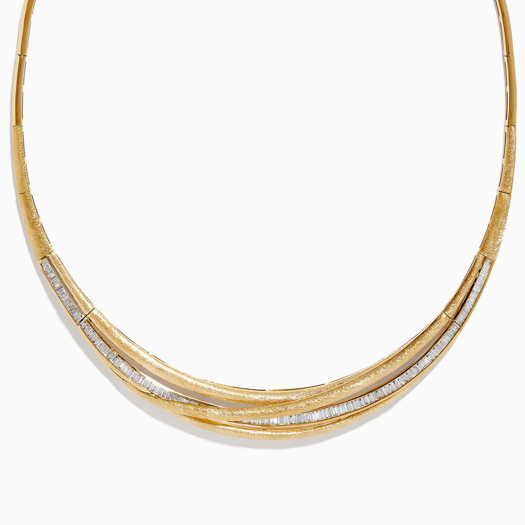 The DOro 14K Brushed Yellow Gold Diamond Statement Collar Necklace 2.32 TCW features a smooth, curved design with sparkling diamond accents along the front, showcased on a white background.