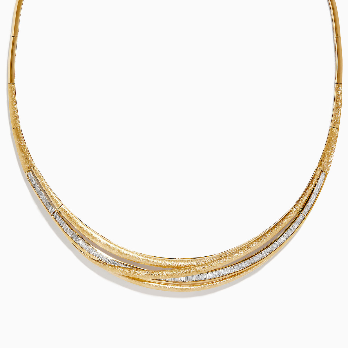 The DOro 14K Brushed Yellow Gold Diamond Statement Collar Necklace 2.32 TCW features a smooth, curved design with sparkling diamond accents along the front, showcased on a white background.