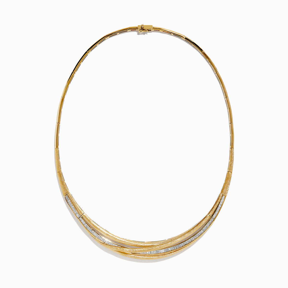The DOro 14K Brushed Yellow Gold Diamond Statement Collar Necklace 2.32 TCW features a smooth, curved design with sparkling diamond accents along the front, showcased on a white background.