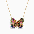 The Watercolors 14K Gold Ruby and Multi Sapphire Butterfly Pendant, adorned with vibrant green, pink, blue, black, and yellow gemstones, is displayed against a white background.