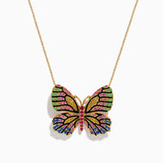The Watercolors 14K Gold Ruby and Multi Sapphire Butterfly Pendant, adorned with vibrant green, pink, blue, black, and yellow gemstones, is displayed against a white background.