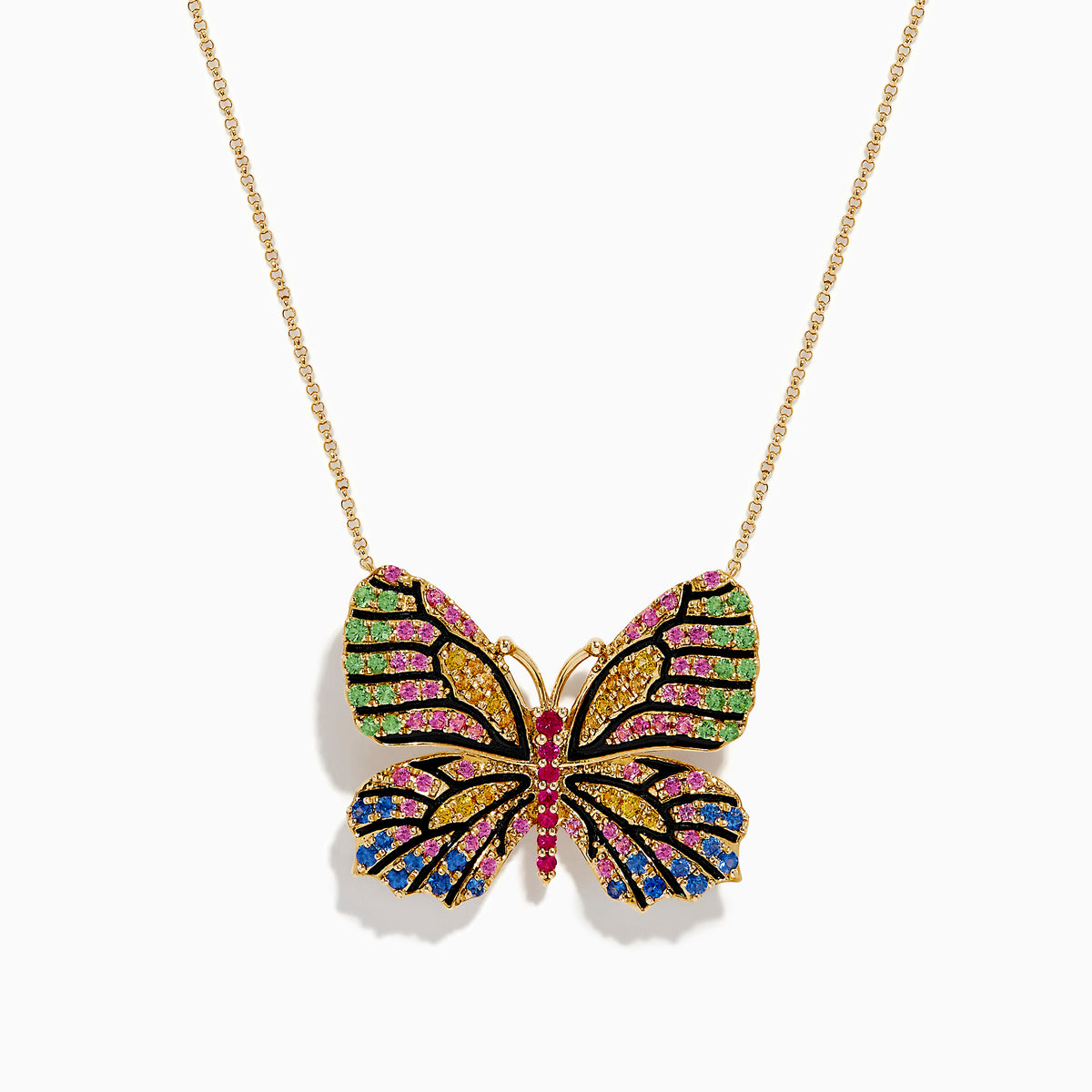 The Watercolors 14K Gold Ruby and Multi Sapphire Butterfly Pendant, adorned with vibrant green, pink, blue, black, and yellow gemstones, is displayed against a white background.