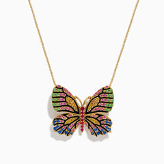The Watercolors 14K Gold Ruby and Multi Sapphire Butterfly Pendant, adorned with vibrant green, pink, blue, black, and yellow gemstones, is displayed against a white background.