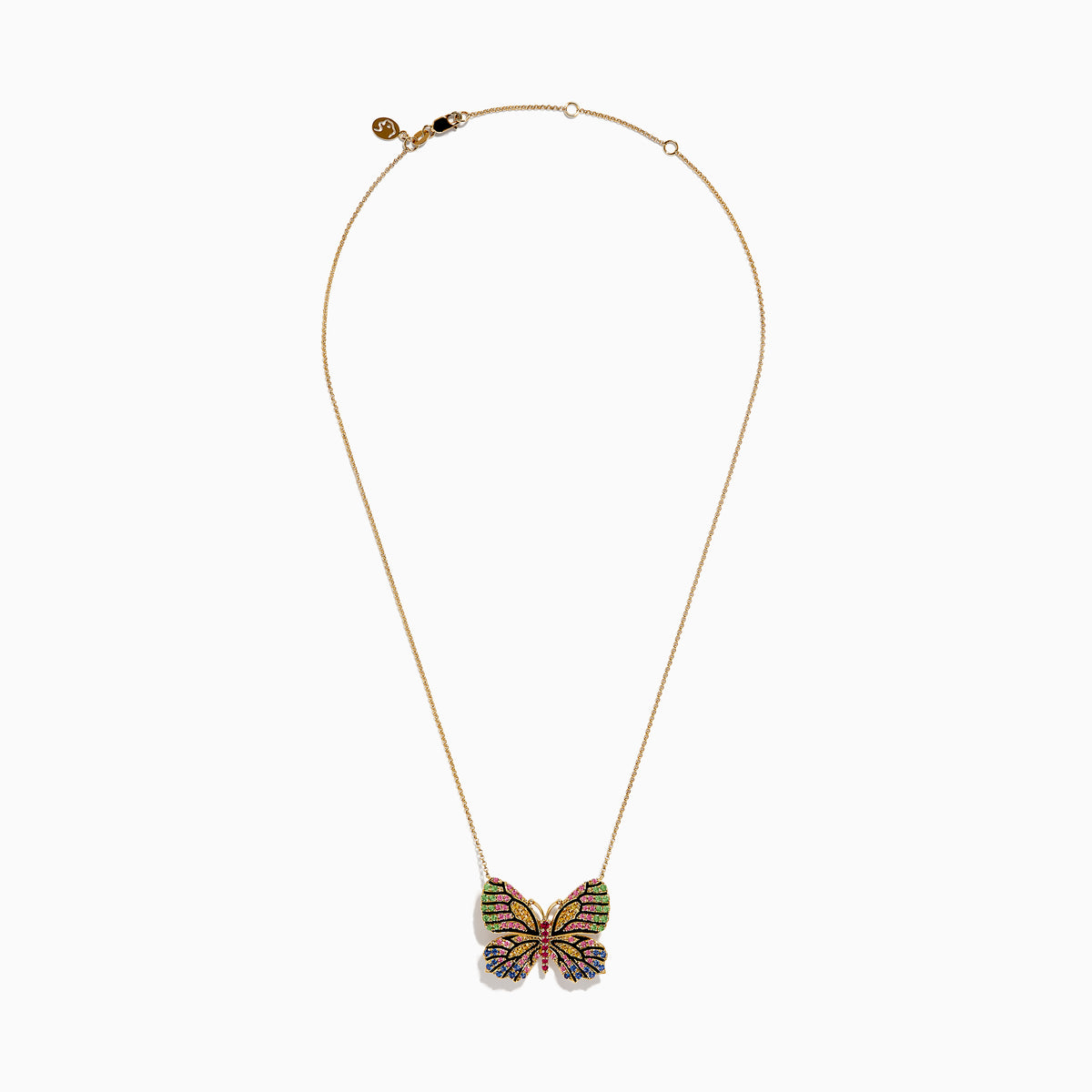 The Watercolors 14K Gold Ruby and Multi Sapphire Butterfly Pendant, adorned with vibrant green, pink, blue, black, and yellow gemstones, is displayed against a white background.