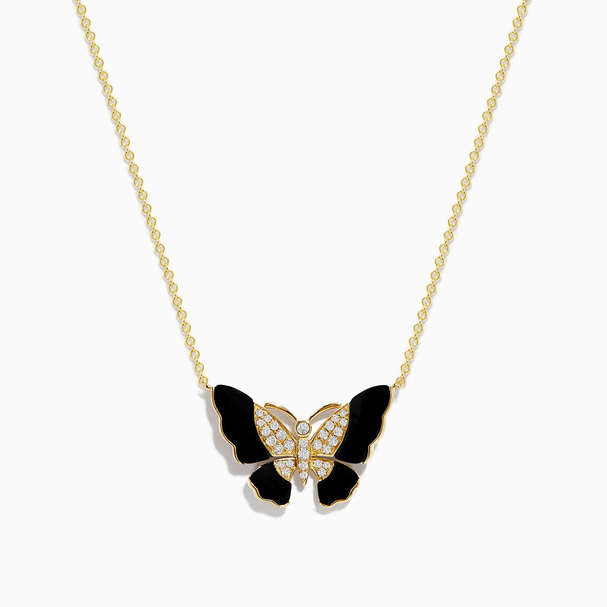 The Nature 14K Yellow Gold Onyx and Diamond Butterfly Necklace features a butterfly pendant with black onyx enamel wings, a body adorned with sparkling white crystals, and a delicate gold chain for an elegant, symmetrical look.