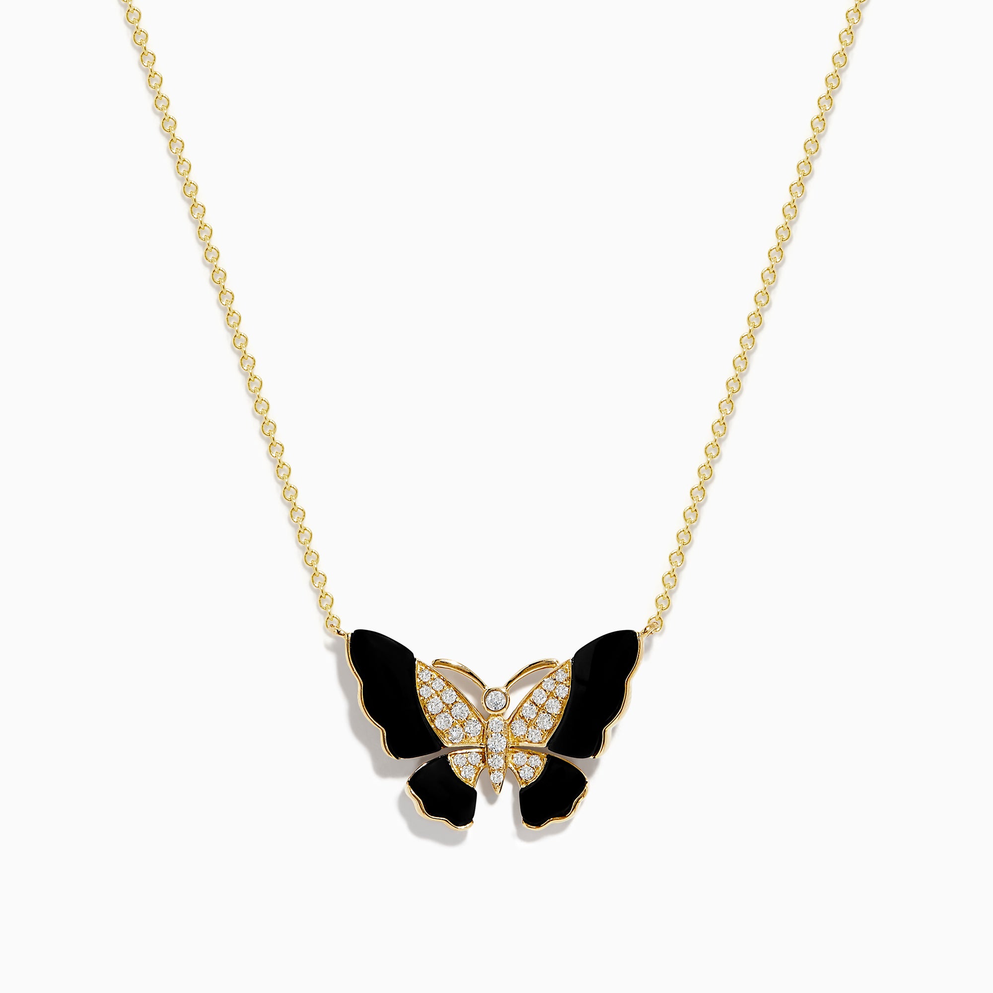 The Nature 14K Yellow Gold Onyx and Diamond Butterfly Necklace features a butterfly pendant with black onyx enamel wings, a body adorned with sparkling white crystals, and a delicate gold chain for an elegant, symmetrical look.