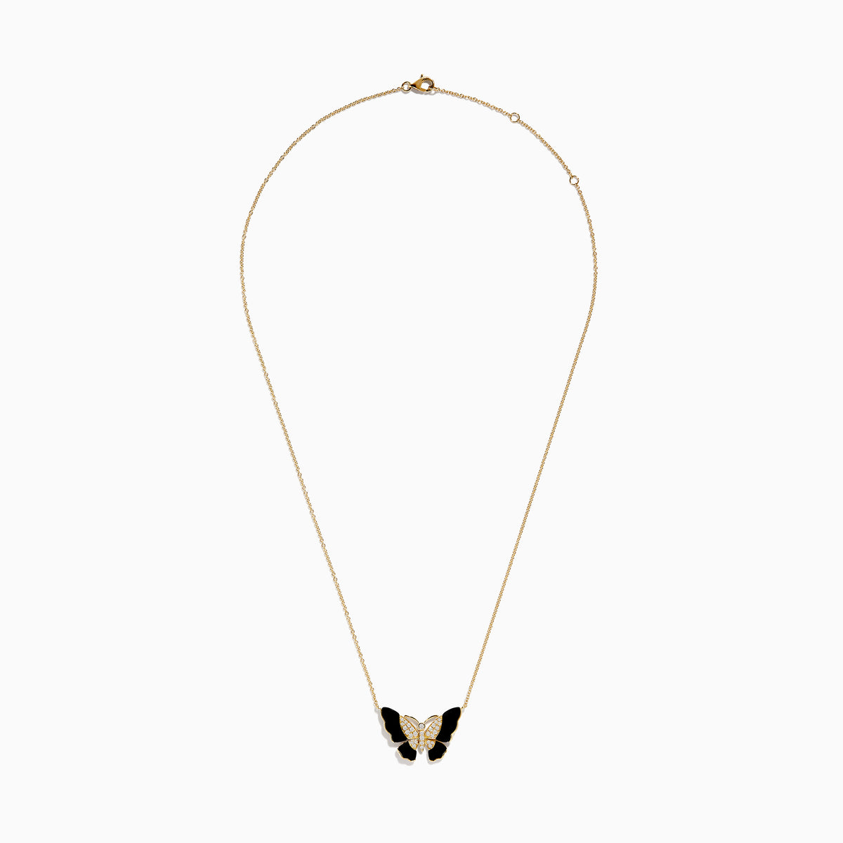 The Nature 14K Yellow Gold Onyx and Diamond Butterfly Necklace features a butterfly pendant with black onyx enamel wings, a body adorned with sparkling white crystals, and a delicate gold chain for an elegant, symmetrical look.