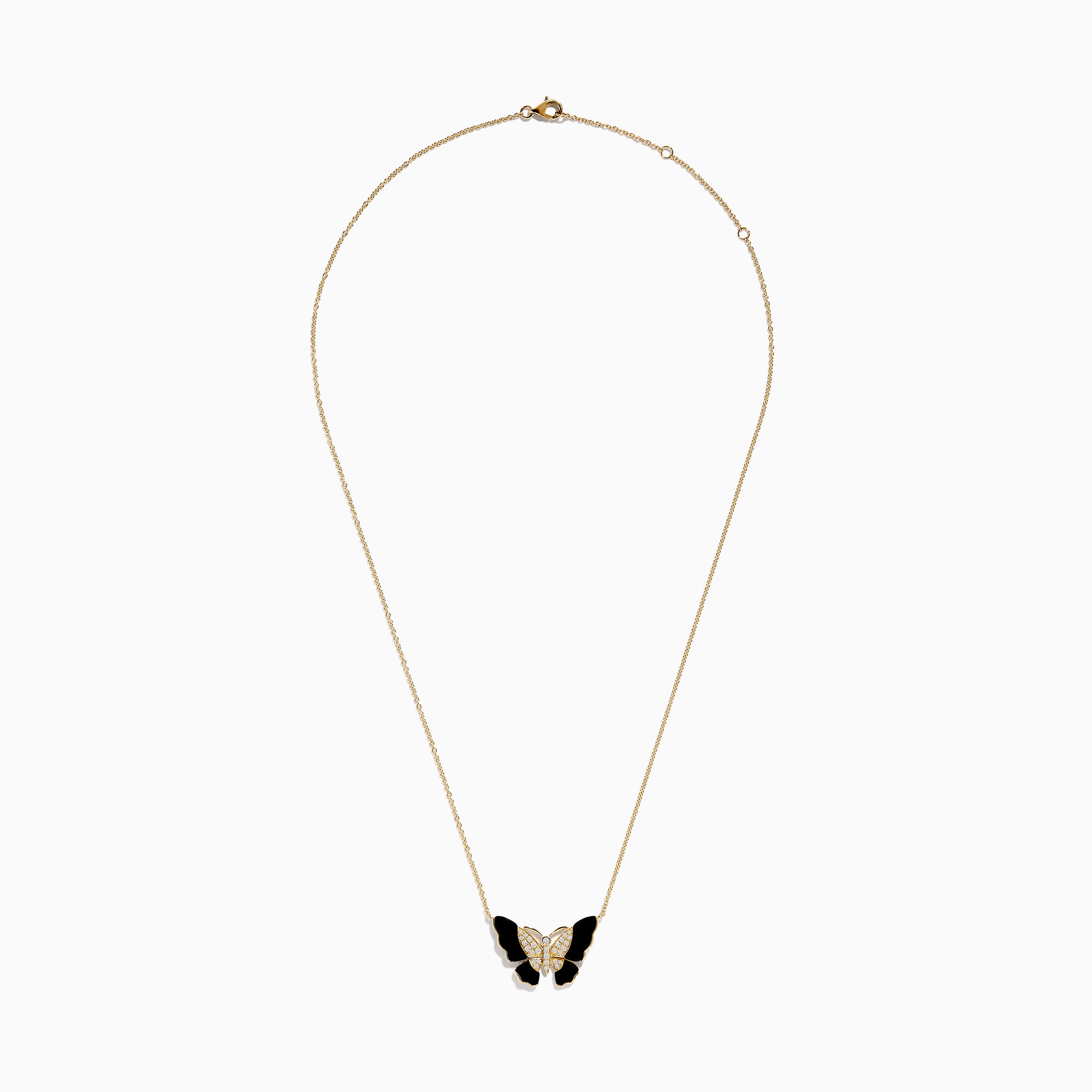 The Nature 14K Yellow Gold Onyx and Diamond Butterfly Necklace features a butterfly pendant with black onyx enamel wings, a body adorned with sparkling white crystals, and a delicate gold chain for an elegant, symmetrical look.