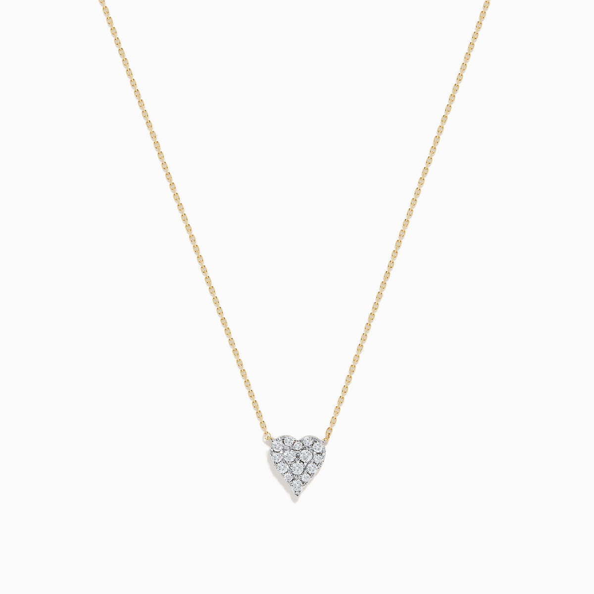The 14K Yellow Gold Diamond Heart Necklace features a delicate gold chain with a small, diamond-encrusted heart pendant, centered on the necklace and displayed against a white background.