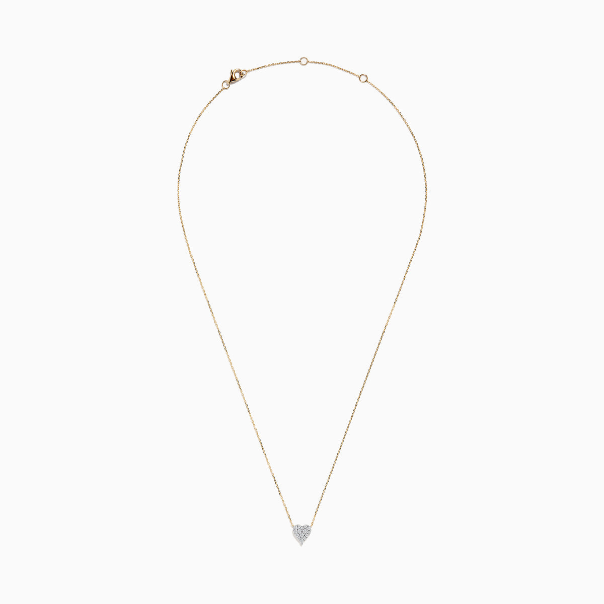 The 14K Yellow Gold Diamond Heart Necklace features a delicate gold chain with a small, diamond-encrusted heart pendant, centered on the necklace and displayed against a white background.